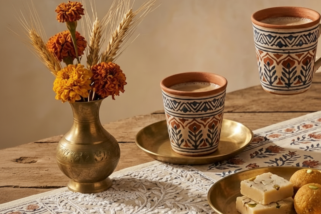 Two ceramic cups with intricate designs on a wooden table with a vase of flowers and snacks.